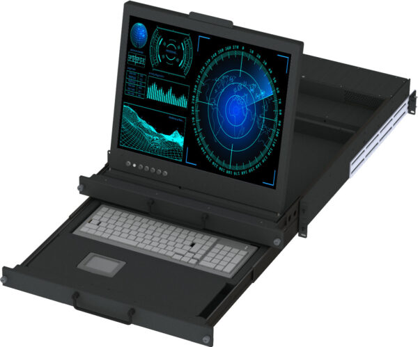 2U Ruggedized rackmount LCD display. Seperate pull out keyboard and 17.3" display